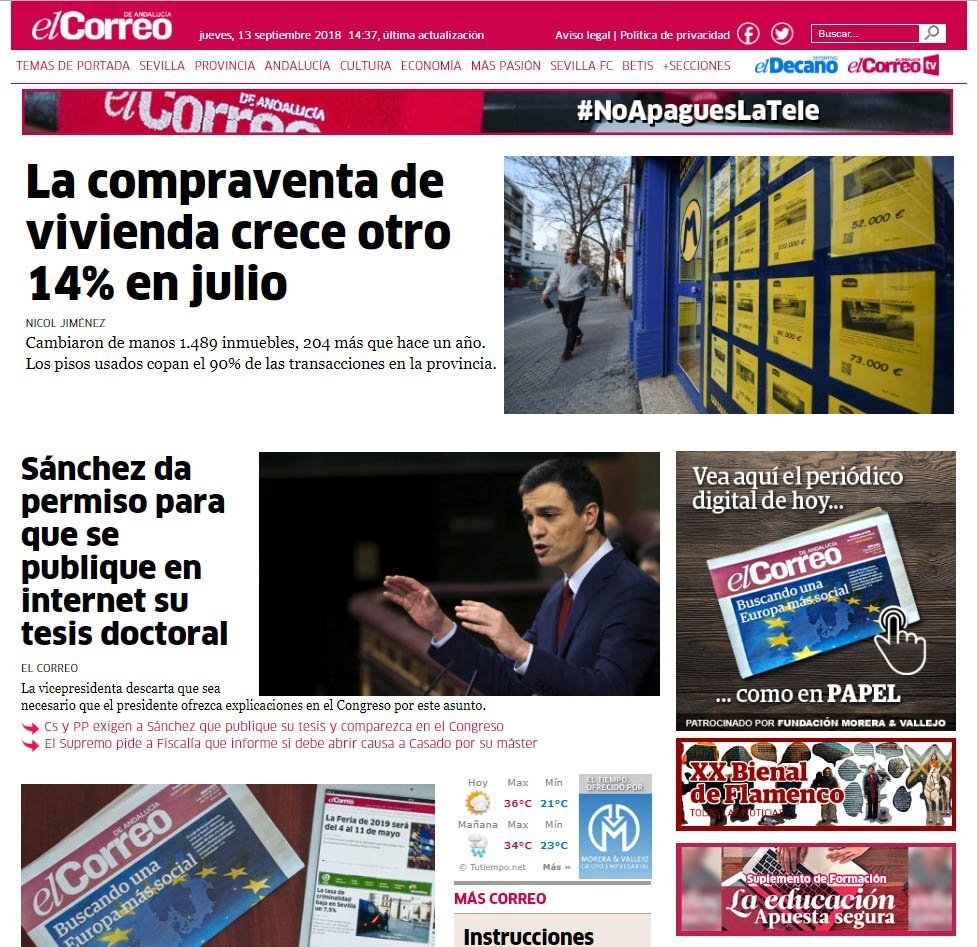 El Correo de Andalucía Comparación de portadas 13/09/2018 Tesis Pedro Sánchez