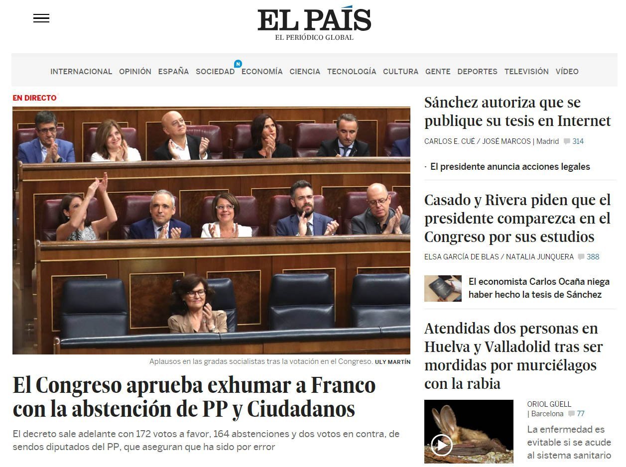 El País Comparación de portadas 13/09/2018 Tesis Pedro Sánchez