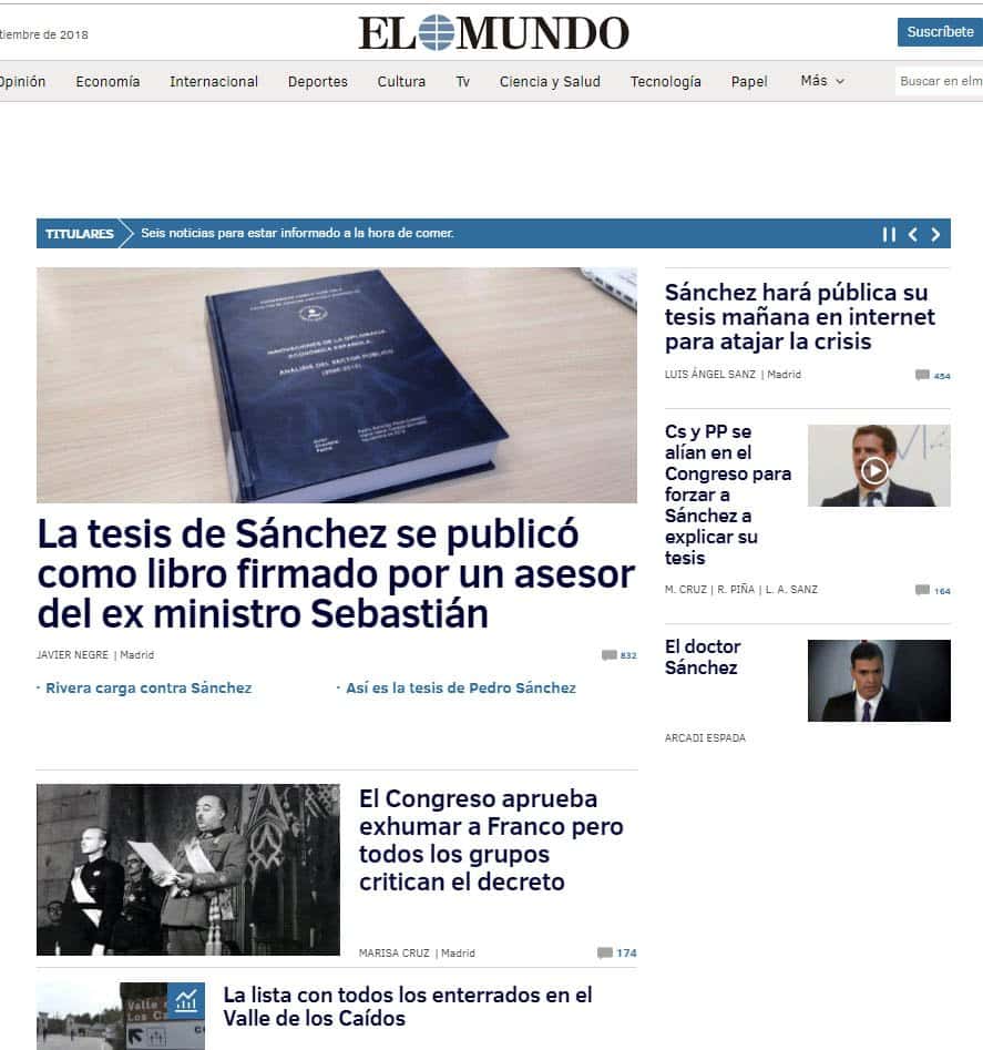 El Mundo Comparación de portadas 13/09/2018 Tesis Pedro Sánchez