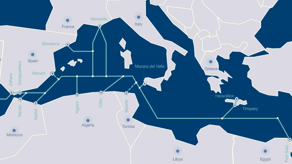 Mapa del cable submarino que portará la fibra óptica que pasará por Cádiz / EA