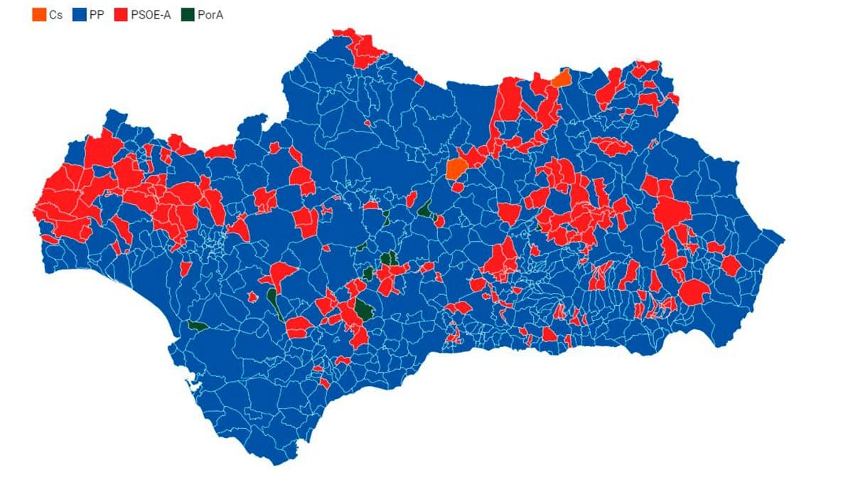 Mapa de los resultados de las elecciones andaluzas pueblo a pueblo en Andalucía / EA