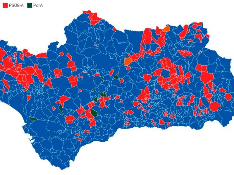 Mapa de los resultados de las elecciones andaluzas pueblo a pueblo en Andalucía / EA