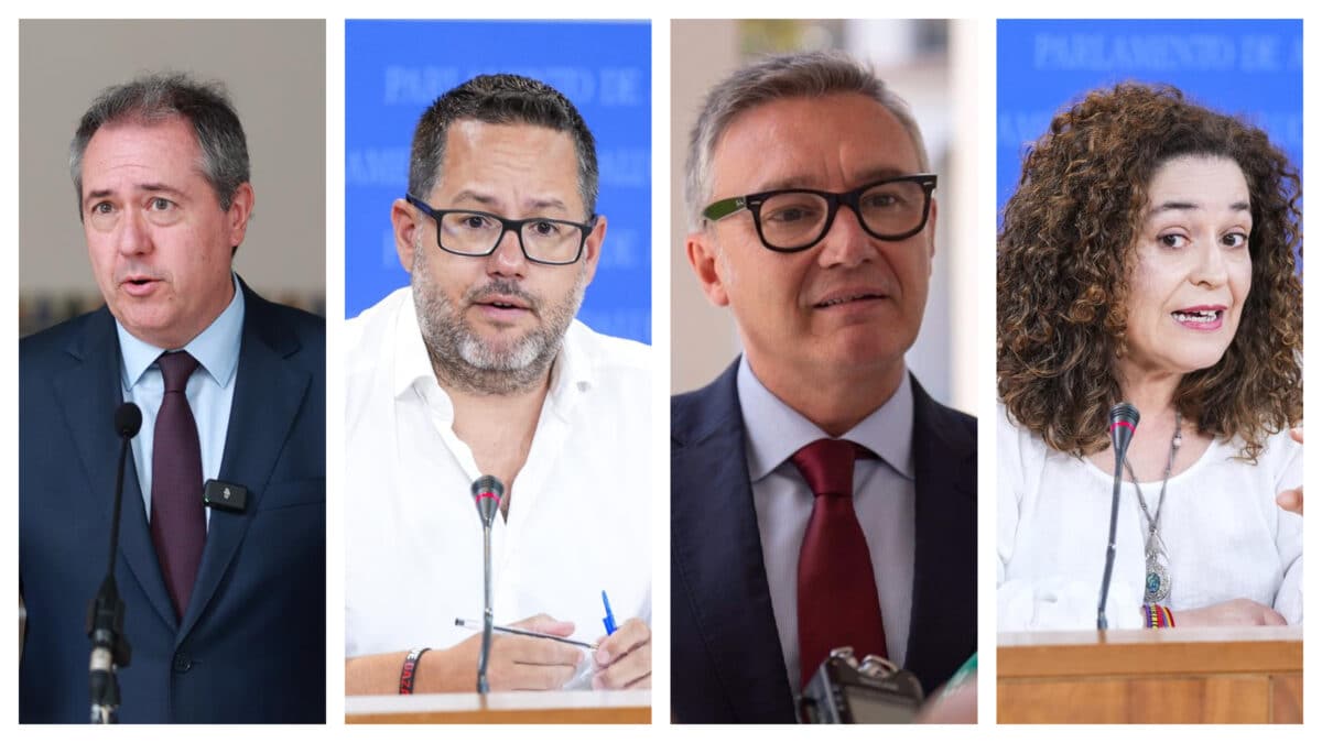 Juan Espadas (PSOE), José Ignacio García (Adelante Andalucía), Manuel Gavira (Vox) e Inma Nieto (Por Andalucía), líderes de la oposición. EA