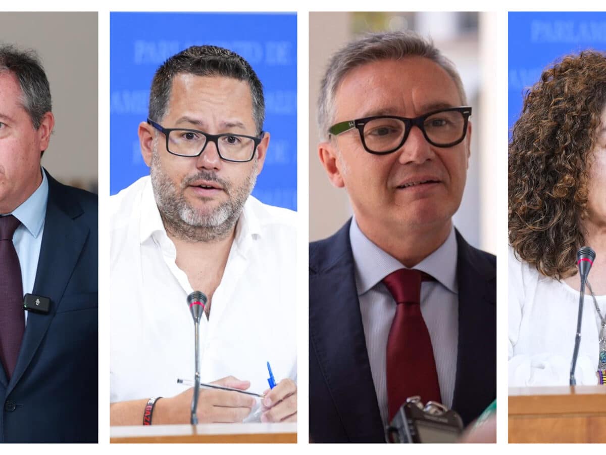 Juan Espadas (PSOE), José Ignacio García (Adelante Andalucía), Manuel Gavira (Vox) e Inma Nieto (Por Andalucía), líderes de la oposición. EA