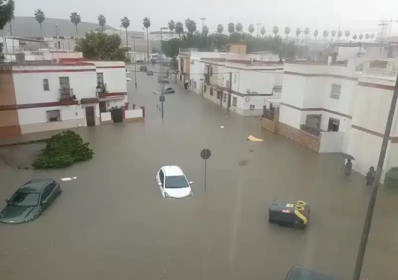 Varios coches flotando en una calle de Jerez. Redes sociales