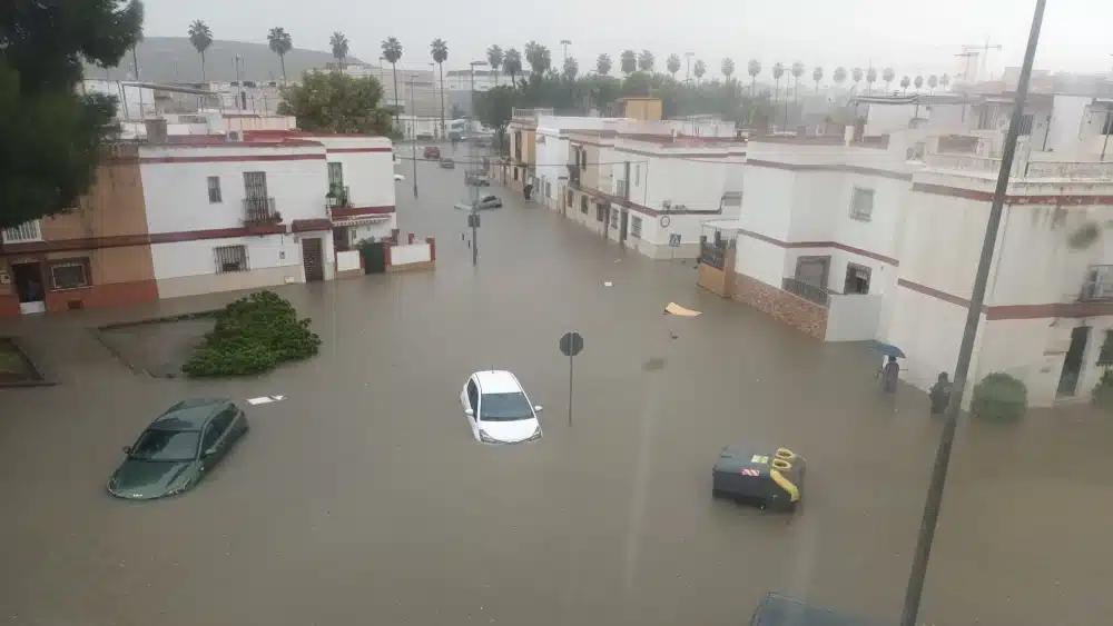 Varios coches flotando en una calle de Jerez. Redes sociales