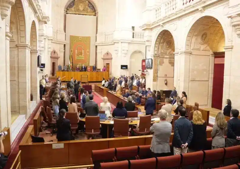 El Pleno del Parlamento andaluz guarda un minuto de silencio por la violencia machista con los diputados de Vox sentados. - JOAQUÍN CORCHERO/PARLAMENTO DE ANDALUCÍA