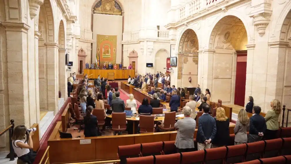 El Pleno del Parlamento andaluz guarda un minuto de silencio por la violencia machista con los diputados de Vox sentados. - JOAQUÍN CORCHERO/PARLAMENTO DE ANDALUCÍA